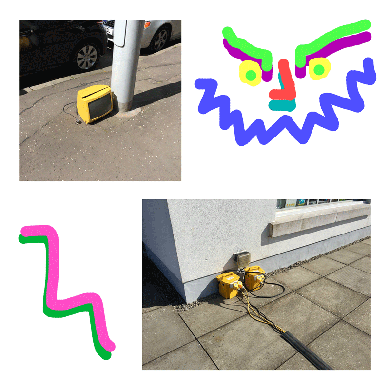 collage of two photos of yellow objects, one squiggle, and one colourful drawing of a smiling face
